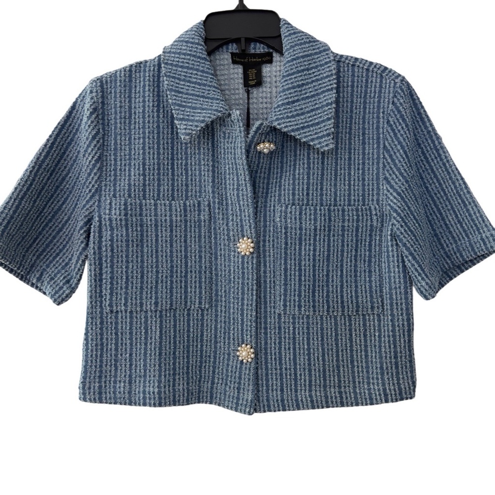 NWT House of Harlow Blue Denim Short Sleeve Cropped Jacket Tweed Cotton Top XS